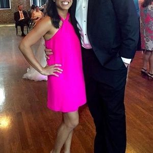 Adorable small hot pink halter dress.